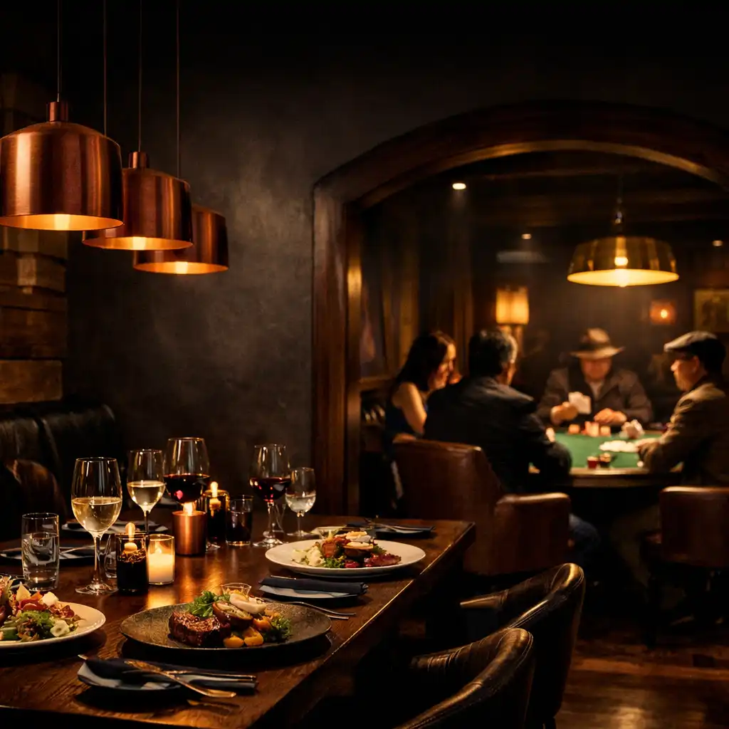 Sophisticated restaurant dining room with a glimpse of the poker card lounge in the background