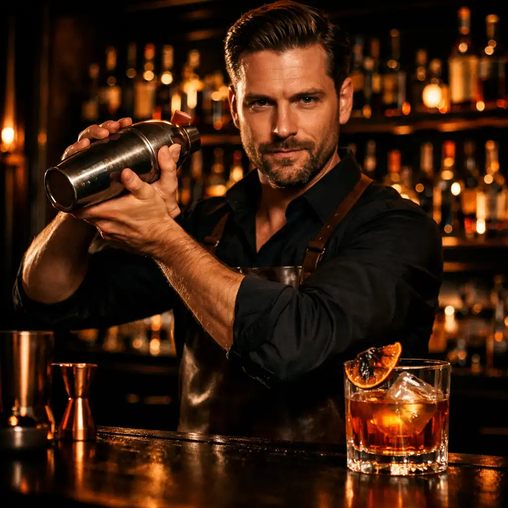 Dark bar area with backlit shelves, copper accents, and a bartender shaking a cocktail