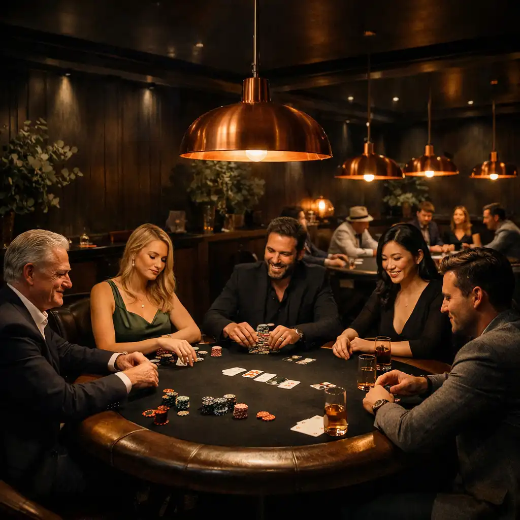 Wide-angle view of the Card Lounge at ASH & TABLE with players enjoying a poker game under warm copper lights