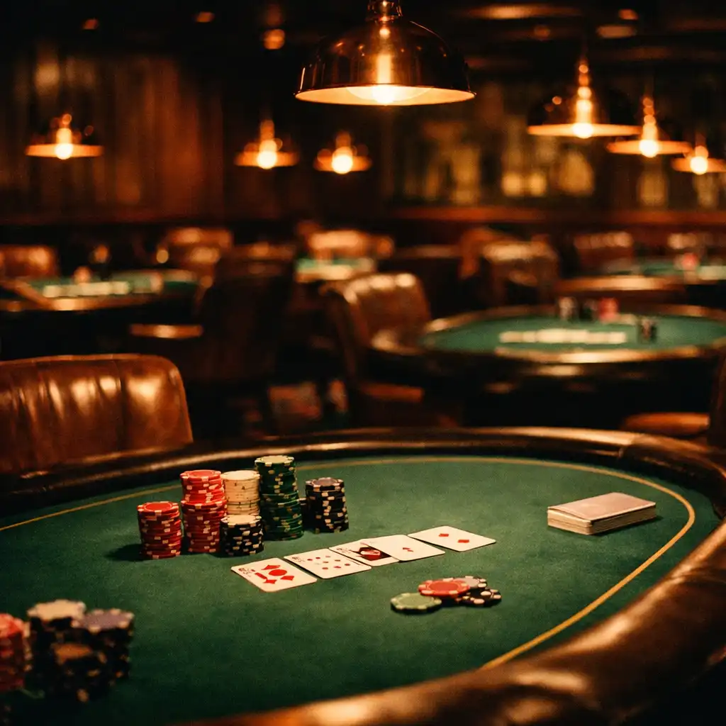 Card Lounge with professional poker tables, green felt, stacks of poker chips, and playing cards under warm copper lighting
