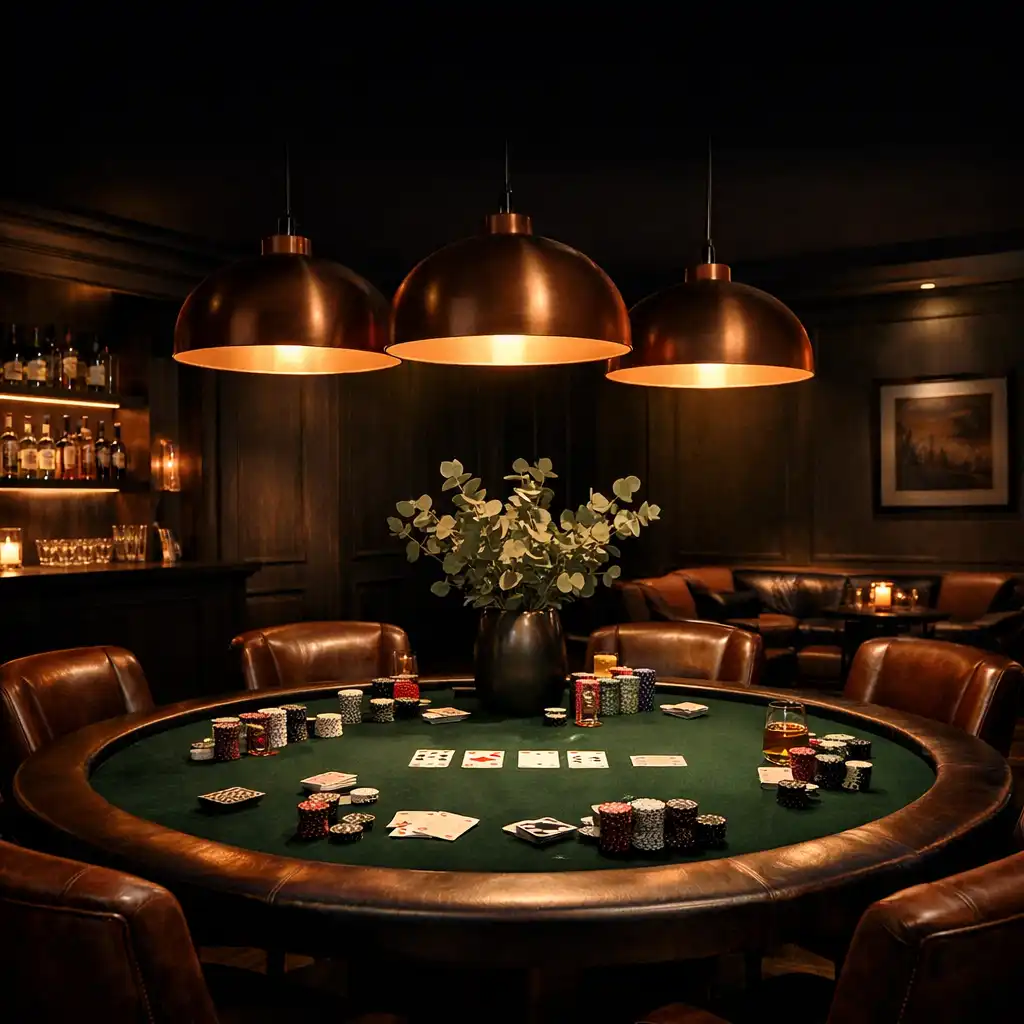 Sophisticated poker lounge with a round green felt table, leather chairs, and warm copper lamps