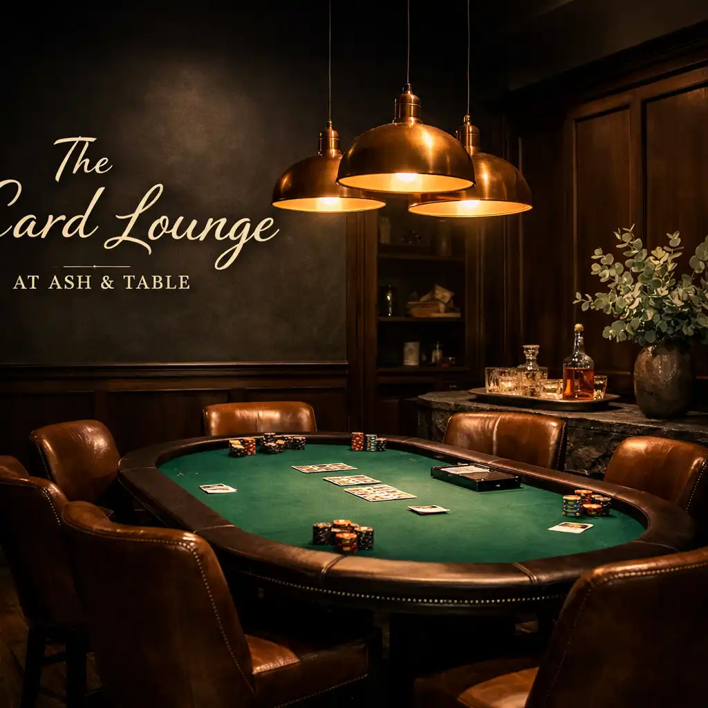 Interior of the Card Lounge with a poker table, leather chairs, copper pendant lights, and dark timber paneling