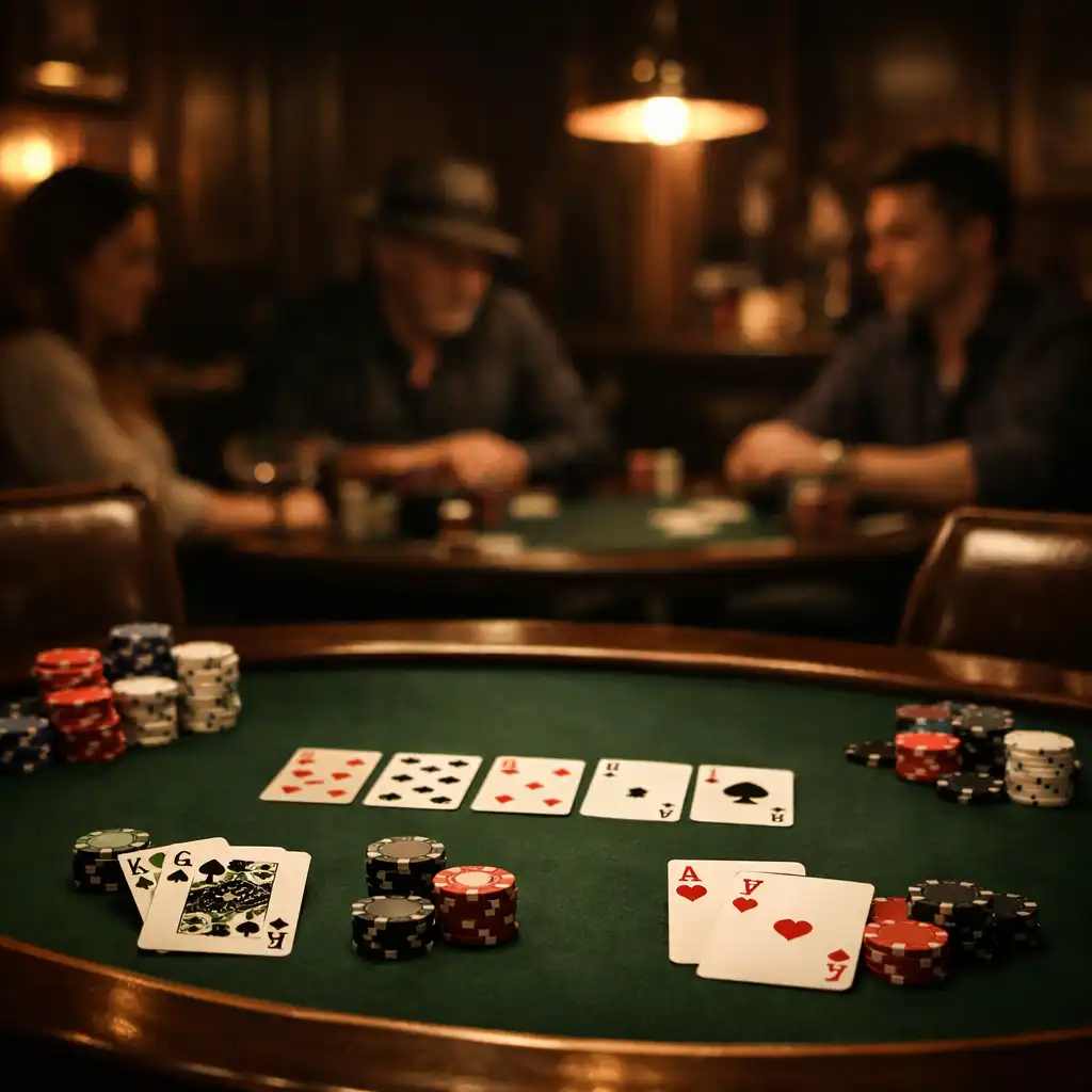 Intimate poker table with green felt, playing cards, and poker chips in a dark card lounge