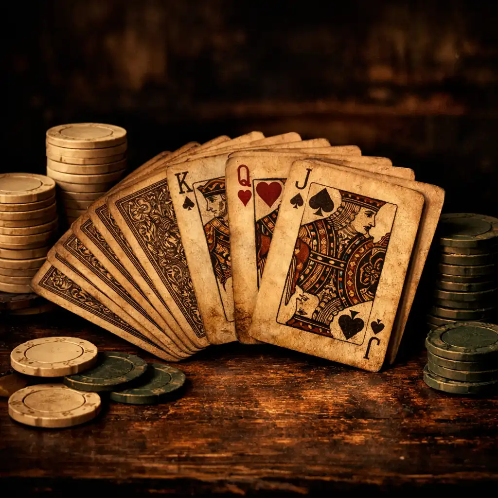 Vintage playing cards and poker chips arranged on a dark wooden table, evoking a nostalgic card game setting