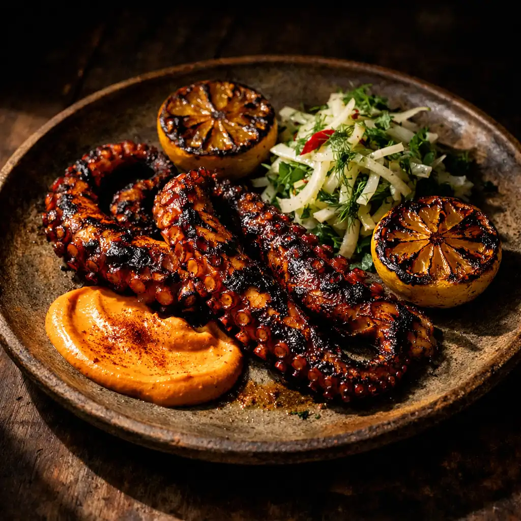 Charred octopus tentacles with smoked paprika aioli, charred lemon, and shaved fennel salad