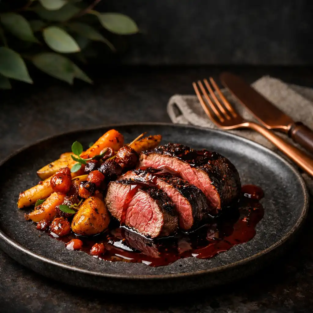 Charred kangaroo loin with native pepperberry jus on a dark stoneware plate