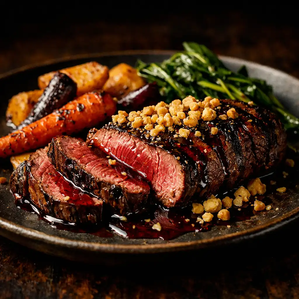Grilled kangaroo loin sliced to reveal medium-rare interior with pepperberry jus and macadamia crumble