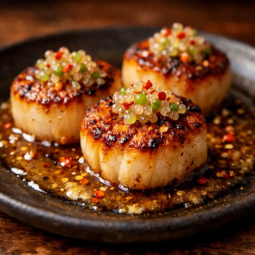 Seared scallops with finger lime pearls and brown butter sauce on a dark stoneware plate