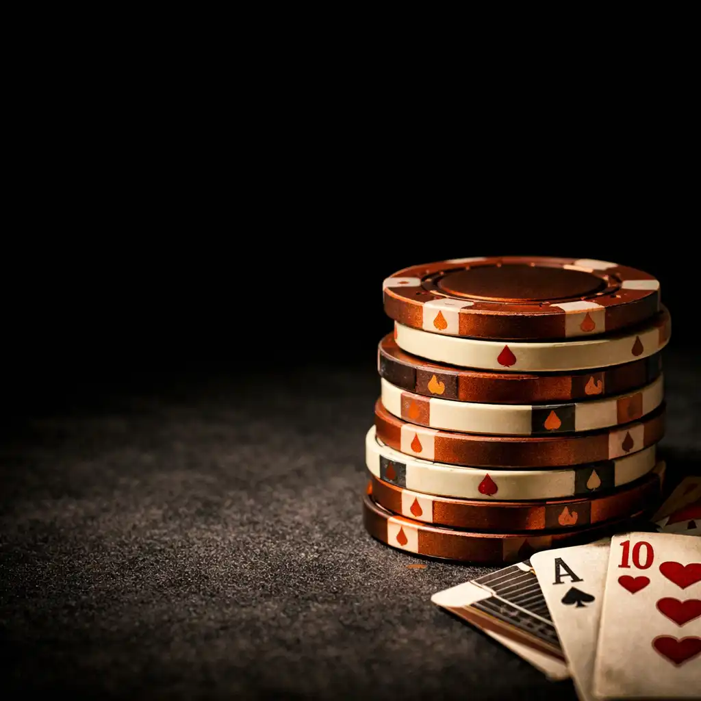 Close-up of burnt copper and warm ivory poker chips on dark felt with dramatic side lighting