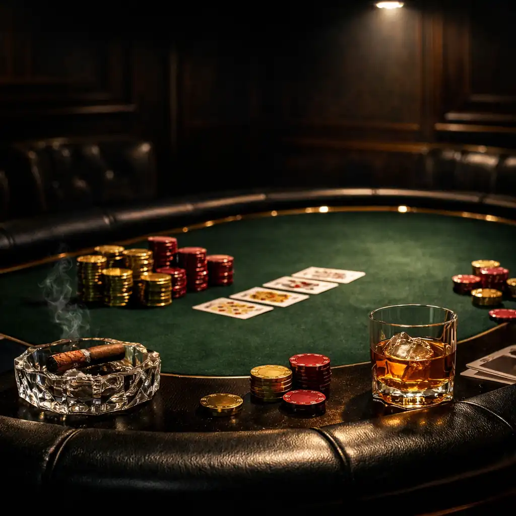 Luxurious high-stakes poker table with premium leather padding, dark green felt, and a glass of whiskey under dramatic spotlight