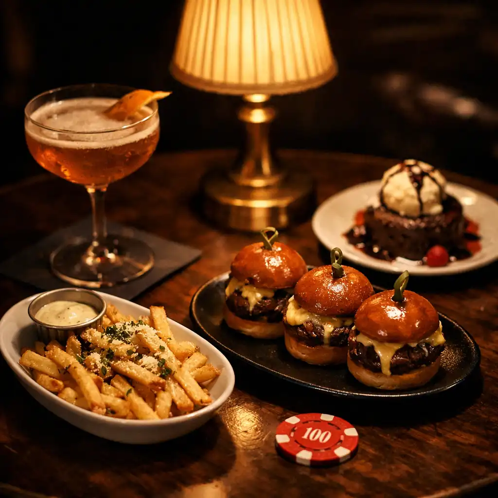 Late-night table with small plates, a cocktail, and a poker chip resting on the table under warm lamp light
