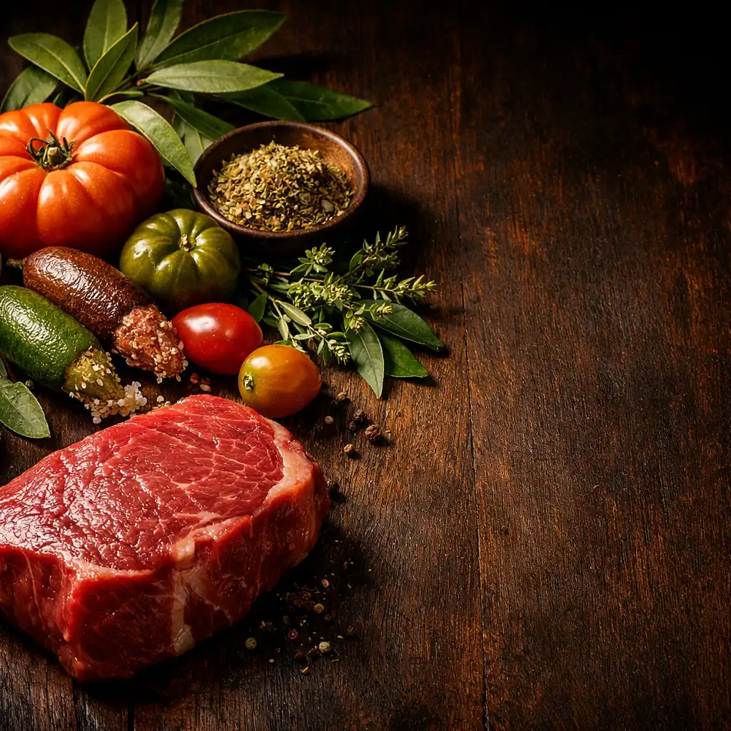 Fresh Australian ingredients including native herbs, heirloom tomatoes, and raw beef arranged on a dark timber surface