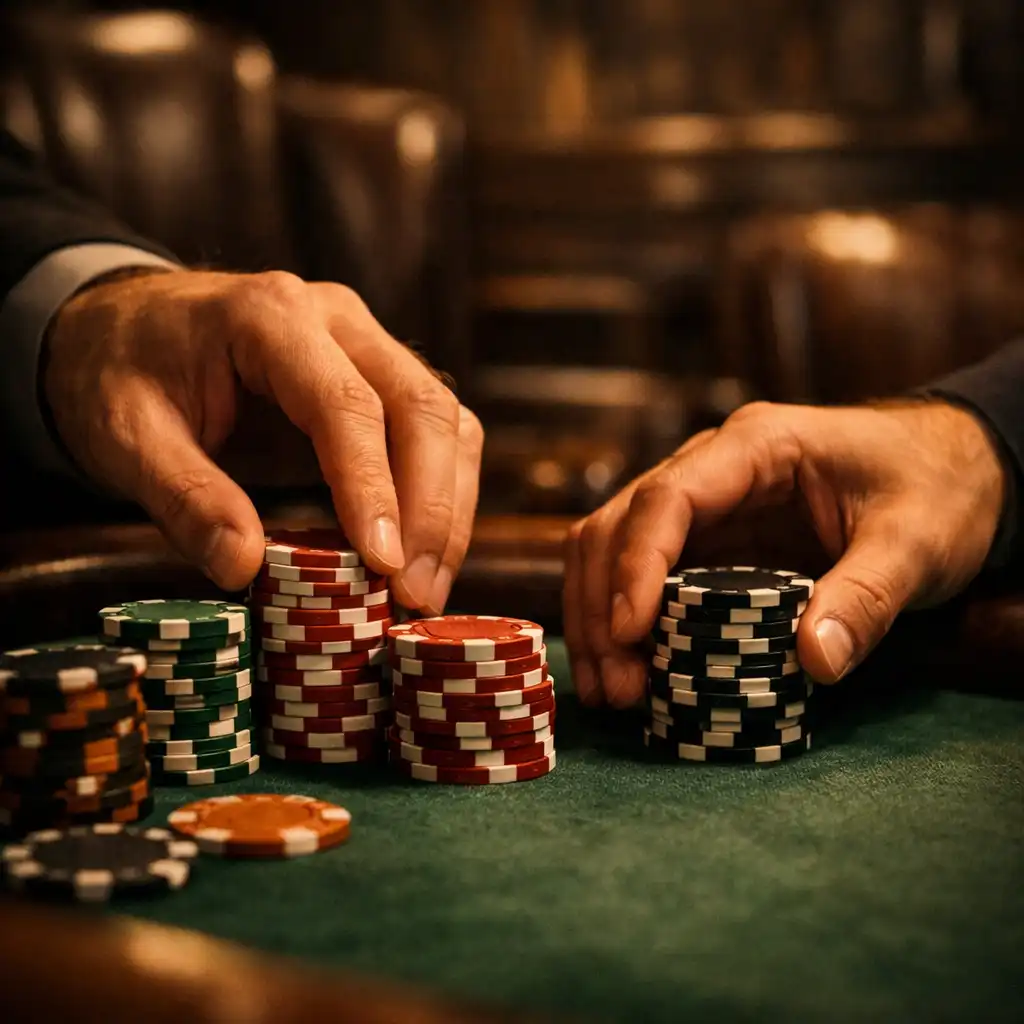 Hands arranging poker chips on a green felt table under warm, low light