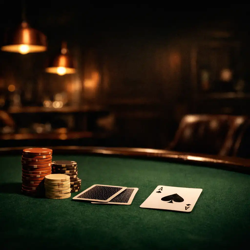 Dimly lit poker table with forest green felt, burnt copper chips, and playing cards in an intimate lounge