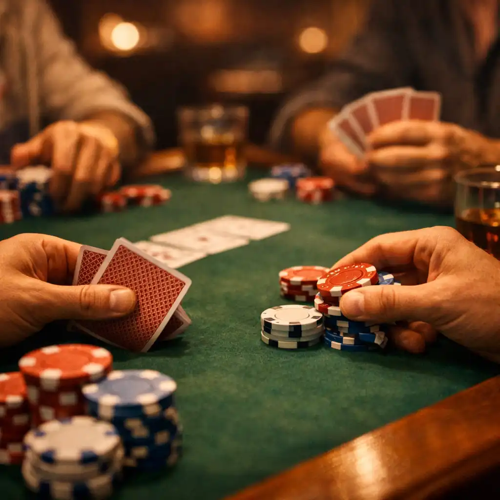 Close-up of players' hands holding cards and chips during a casual poker night at ASH & TABLE