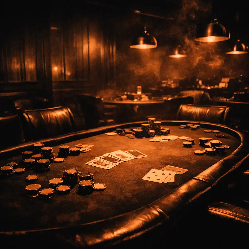 A cinematic poker table in the dark, moody Card Lounge at ASH & TABLE, with leather chairs and warm copper pendant lights