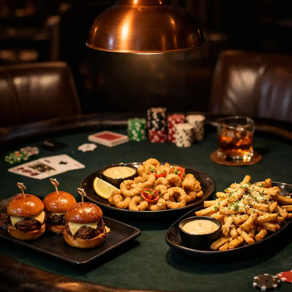 Poker table in the Card Lounge with shareable dishes including sliders, calamari, and truffle fries under warm copper lighting