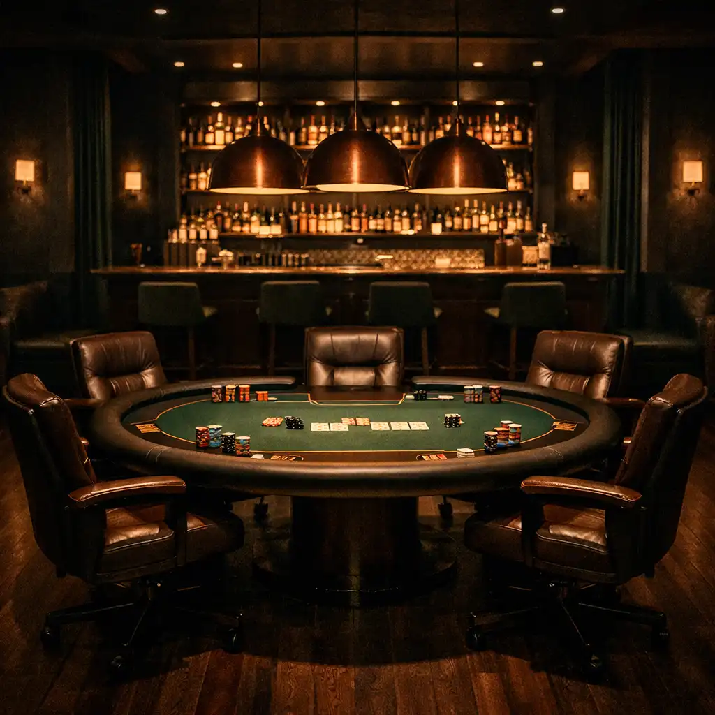 Interior of the sophisticated poker salon with dark timber, forest green accents, and a professional poker table under copper pendant lights