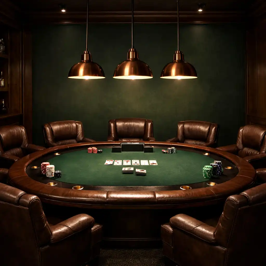 Private poker salon table set with chips and cards under warm, low light
