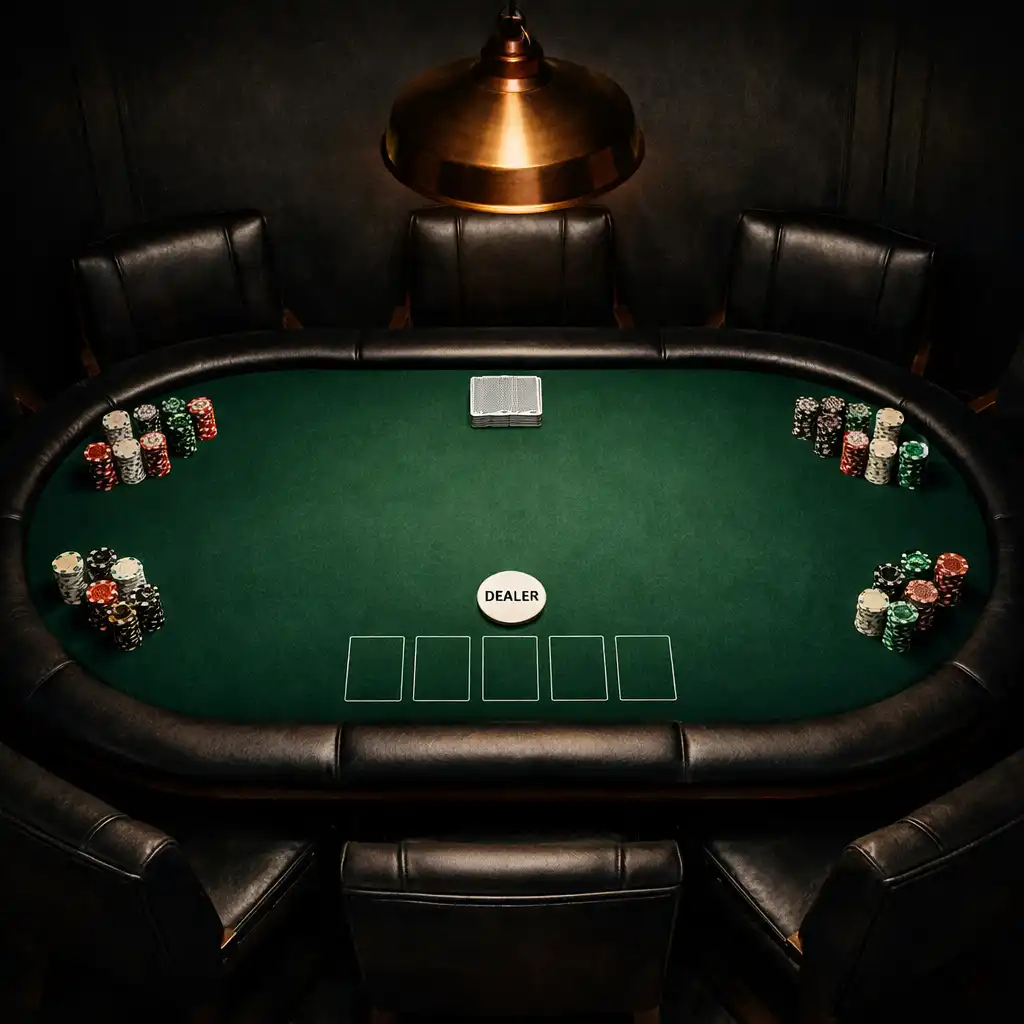 Overhead view of a professional poker table with dealer button and chip stacks, surrounded by leather chairs