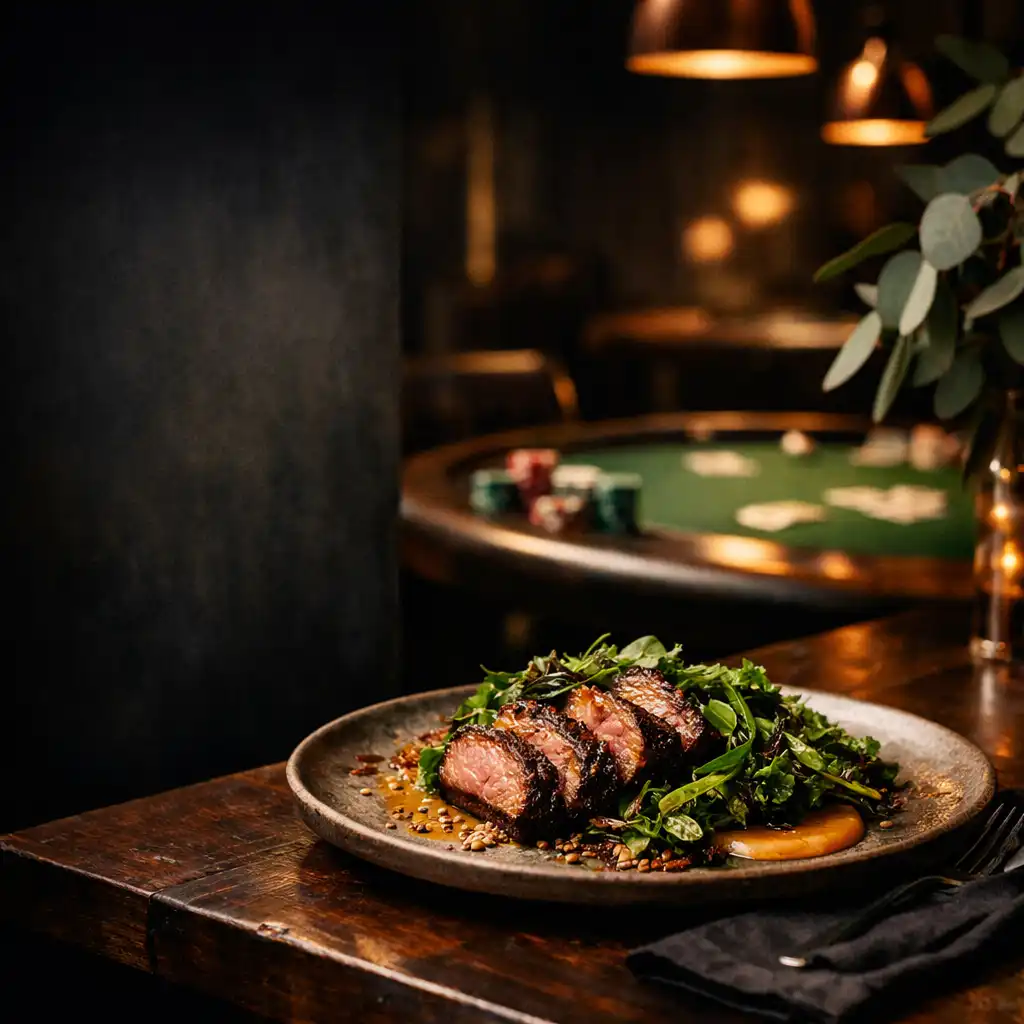 Dark moody restaurant interior with a plated modern Australian dish in the foreground and warm copper lighting
