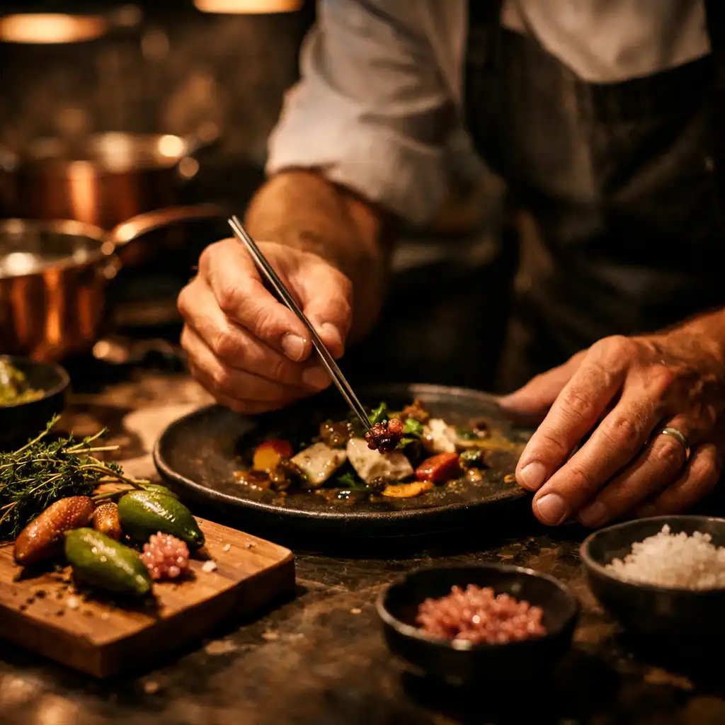Chef plating a dish in a dark kitchen with copper pots and fresh Australian ingredients