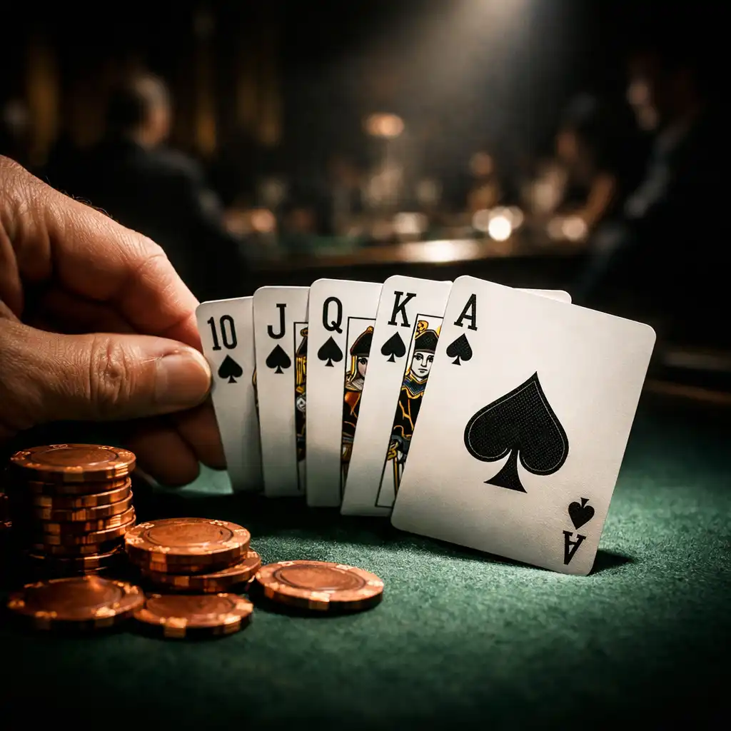 Close-up of a winning royal flush hand revealed on the poker table with burnt copper chips