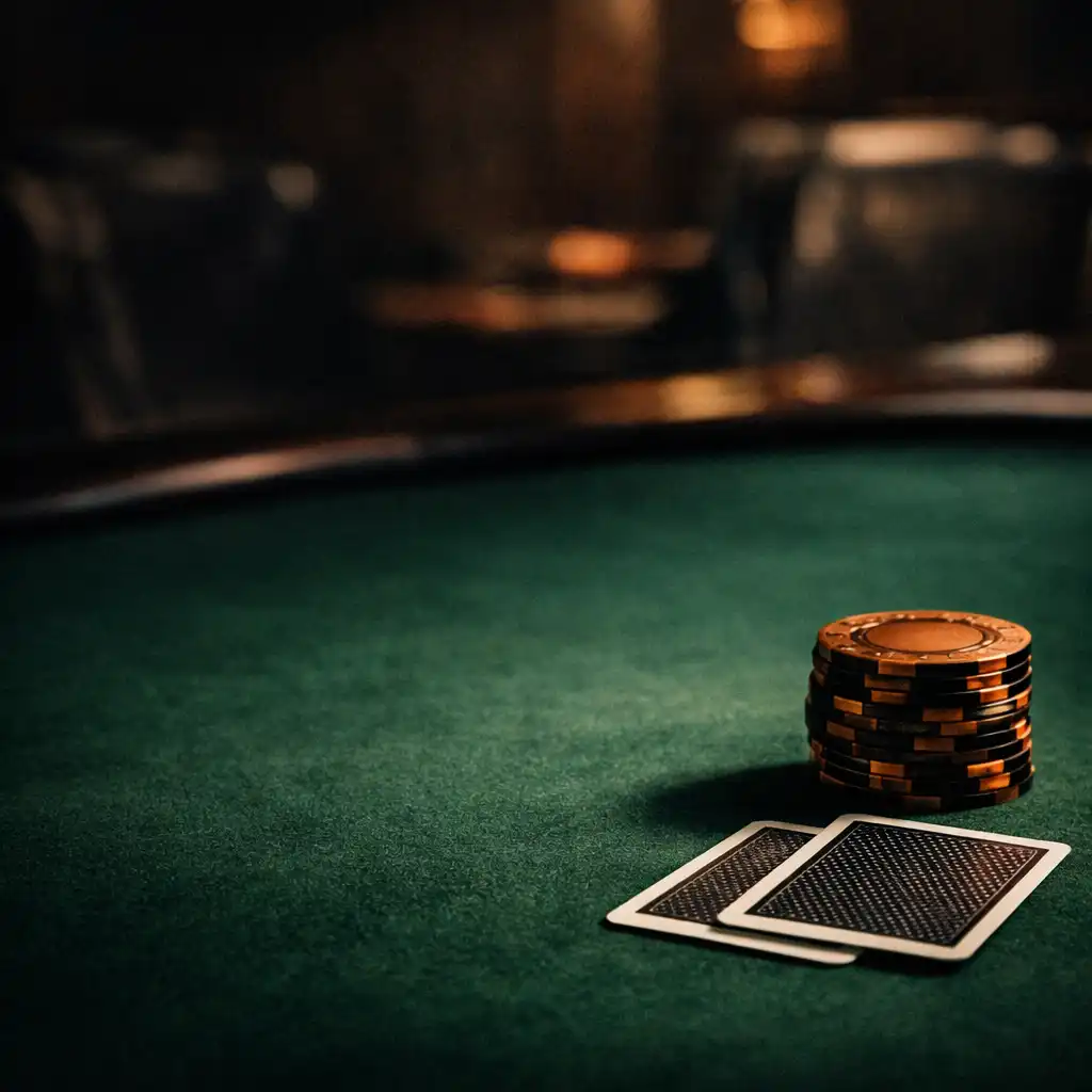 Cinematic close-up of a Texas Hold'em poker table with burnt copper chips and face-down cards in a dark lounge
